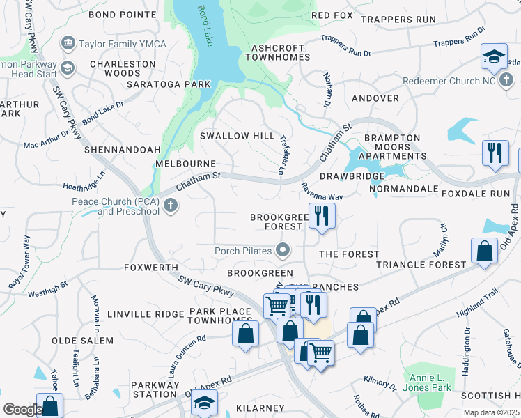 map of restaurants, bars, coffee shops, grocery stores, and more near 118 Laurel Branch Drive in Cary