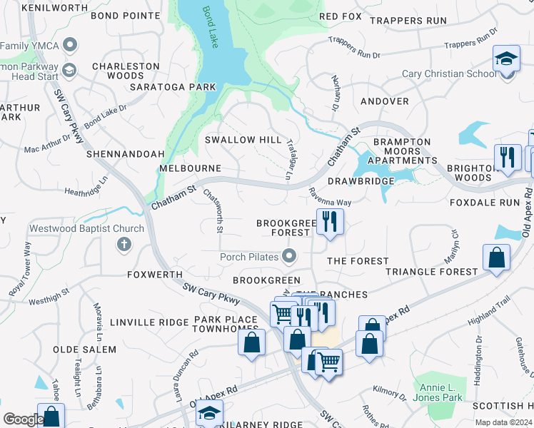map of restaurants, bars, coffee shops, grocery stores, and more near 118 Laurel Branch Drive in Cary