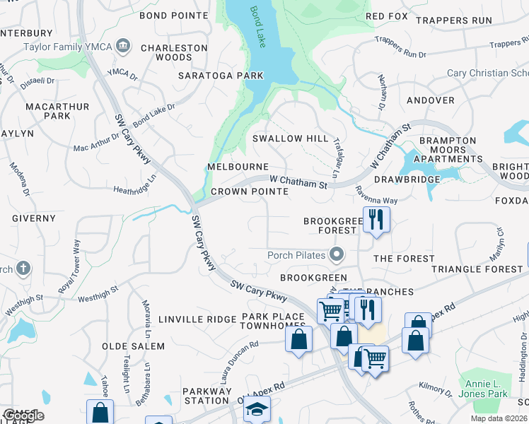 map of restaurants, bars, coffee shops, grocery stores, and more near 100 Cibola Drive in Cary