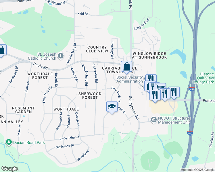 map of restaurants, bars, coffee shops, grocery stores, and more near 765 Rawls Drive in Raleigh