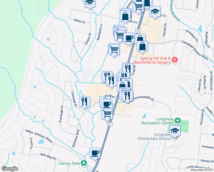 map of restaurants, bars, coffee shops, grocery stores, and more near 3015 Belshire Village Drive in Spring Hill