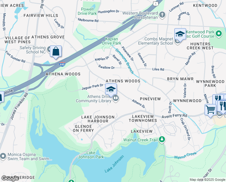 map of restaurants, bars, coffee shops, grocery stores, and more near 1420 Athens Drive in Raleigh