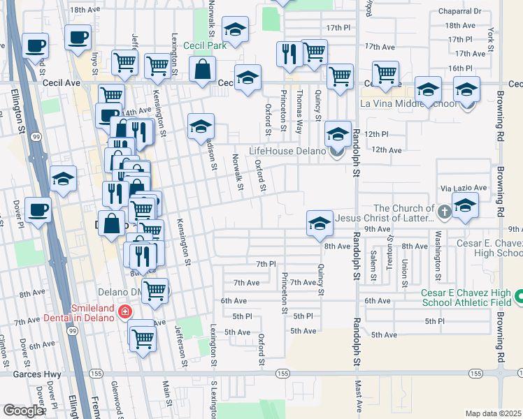 map of restaurants, bars, coffee shops, grocery stores, and more near 1423 9th Avenue in Delano
