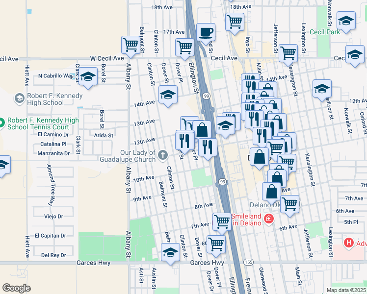 map of restaurants, bars, coffee shops, grocery stores, and more near 1027 Dover Place in Delano