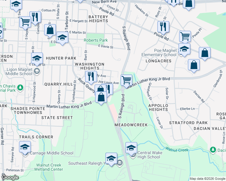 map of restaurants, bars, coffee shops, grocery stores, and more near 725 Sherrybrook Drive in Raleigh