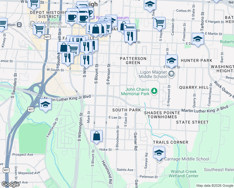 map of restaurants, bars, coffee shops, grocery stores, and more near 314 Martin Luther King Junior Boulevard in Raleigh
