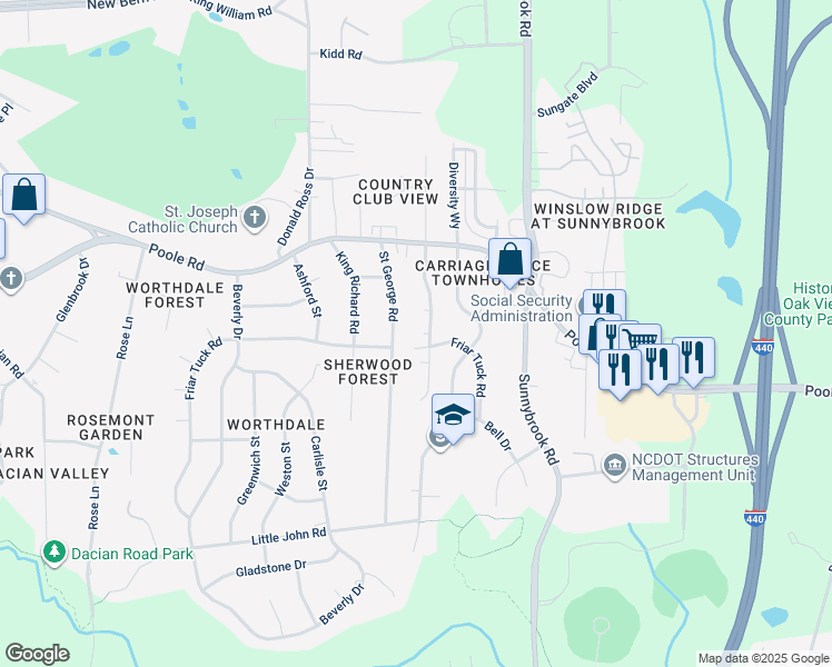 map of restaurants, bars, coffee shops, grocery stores, and more near 3100 Kingstree Court in Raleigh