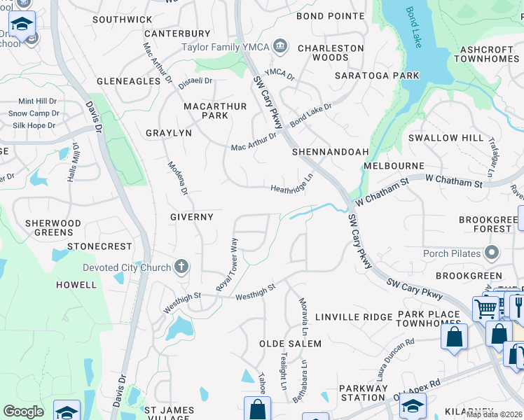 map of restaurants, bars, coffee shops, grocery stores, and more near 204 Castle Garden Street in Cary
