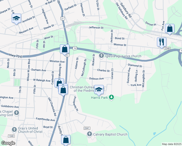 map of restaurants, bars, coffee shops, grocery stores, and more near 1216 Rickert Street in Statesville