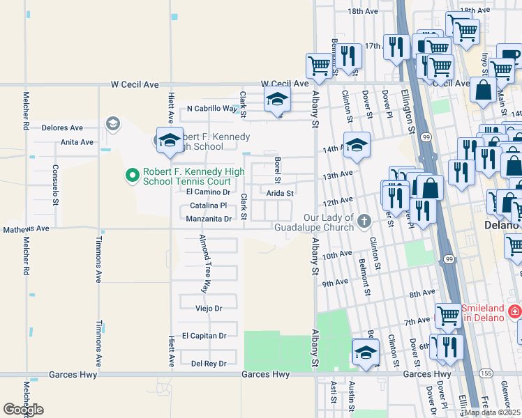 map of restaurants, bars, coffee shops, grocery stores, and more near 242 West 11th Place in Delano