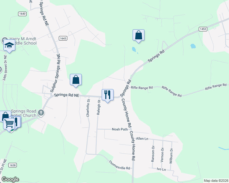 map of restaurants, bars, coffee shops, grocery stores, and more near 4049-4083 Springs Road Northeast in Conover