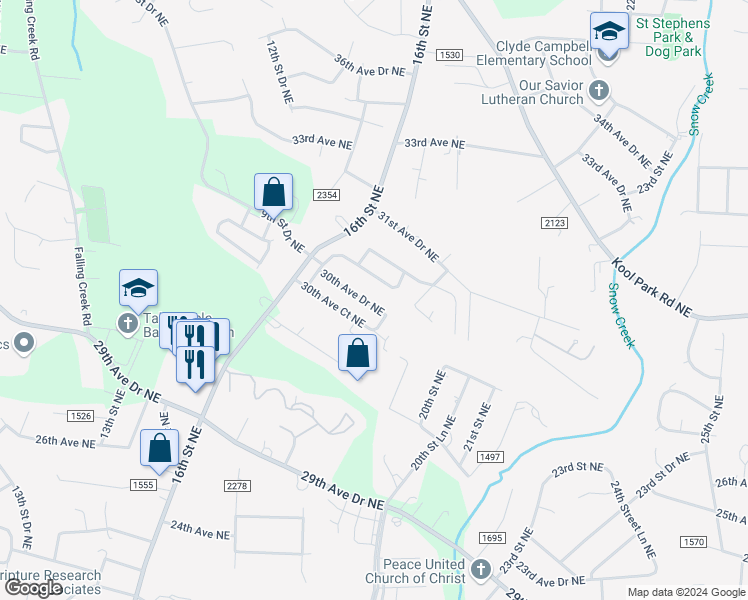 map of restaurants, bars, coffee shops, grocery stores, and more near 1759 30th Avenue Drive Northeast in Hickory