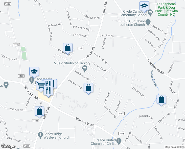 map of restaurants, bars, coffee shops, grocery stores, and more near 1759 30th Avenue Drive Northeast in Hickory