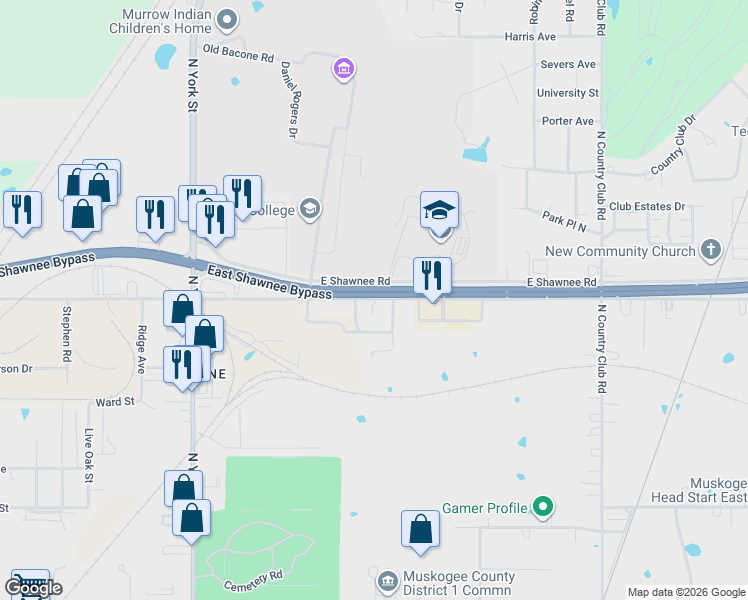 map of restaurants, bars, coffee shops, grocery stores, and more near 2719 Old Shawnee Road in Muskogee