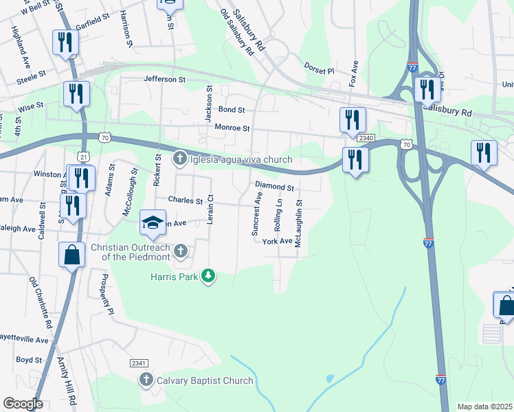 map of restaurants, bars, coffee shops, grocery stores, and more near Suncrest Avenue in Statesville
