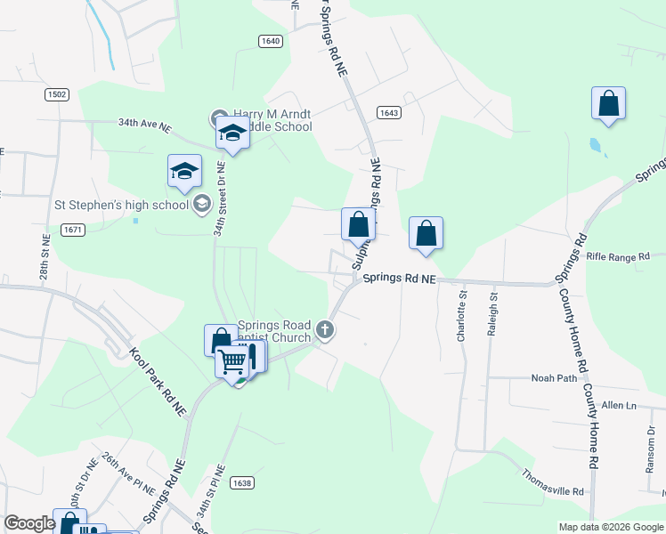 map of restaurants, bars, coffee shops, grocery stores, and more near 3653 Springs Road Northeast in Hickory