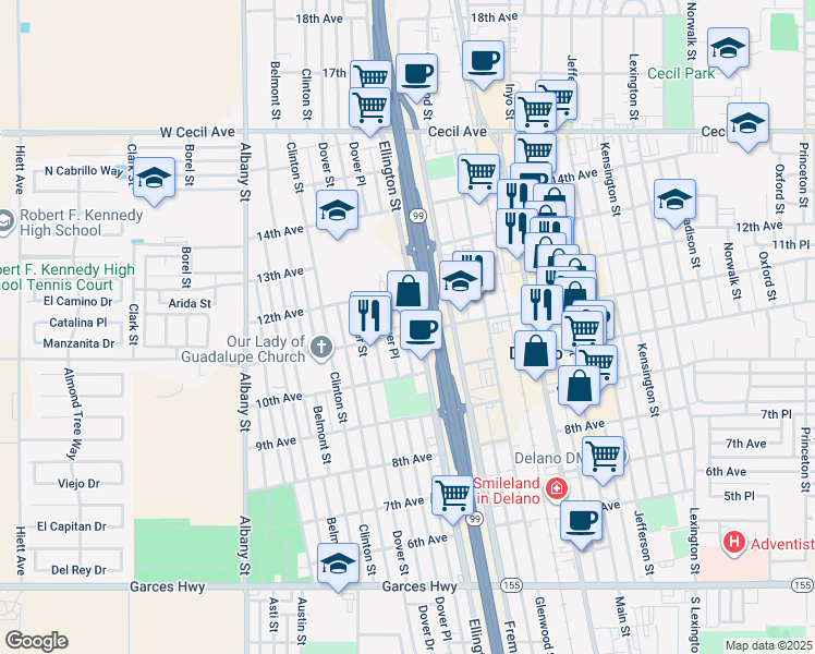 map of restaurants, bars, coffee shops, grocery stores, and more near in Delano