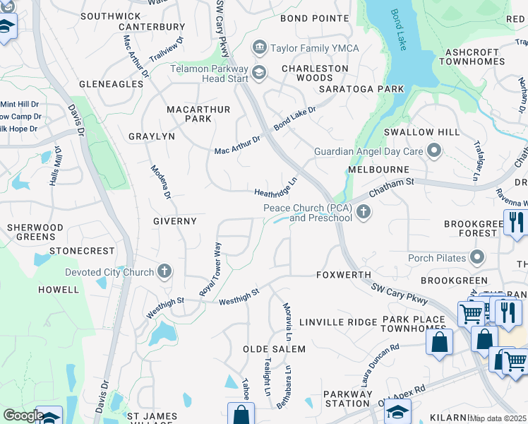 map of restaurants, bars, coffee shops, grocery stores, and more near 707 Royal Tower Way in Cary