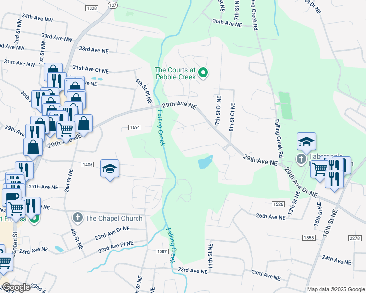 map of restaurants, bars, coffee shops, grocery stores, and more near 802 Wynnshire Drive in Hickory