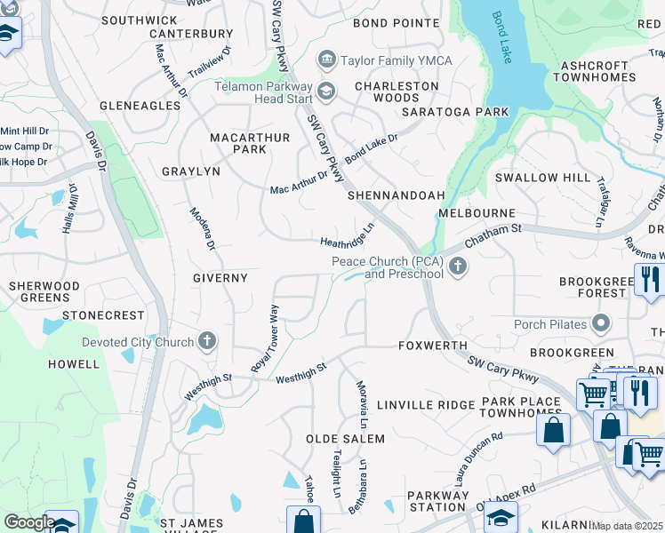 map of restaurants, bars, coffee shops, grocery stores, and more near 707 Royal Tower Way in Cary