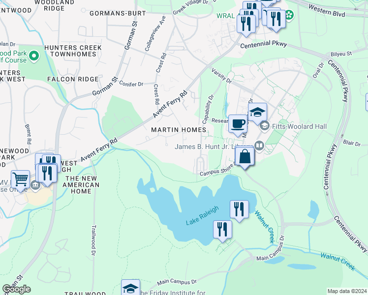 map of restaurants, bars, coffee shops, grocery stores, and more near 731 Chappell Drive in Raleigh