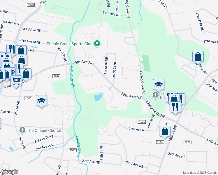 map of restaurants, bars, coffee shops, grocery stores, and more near 817 Wynnshire Drive in Hickory