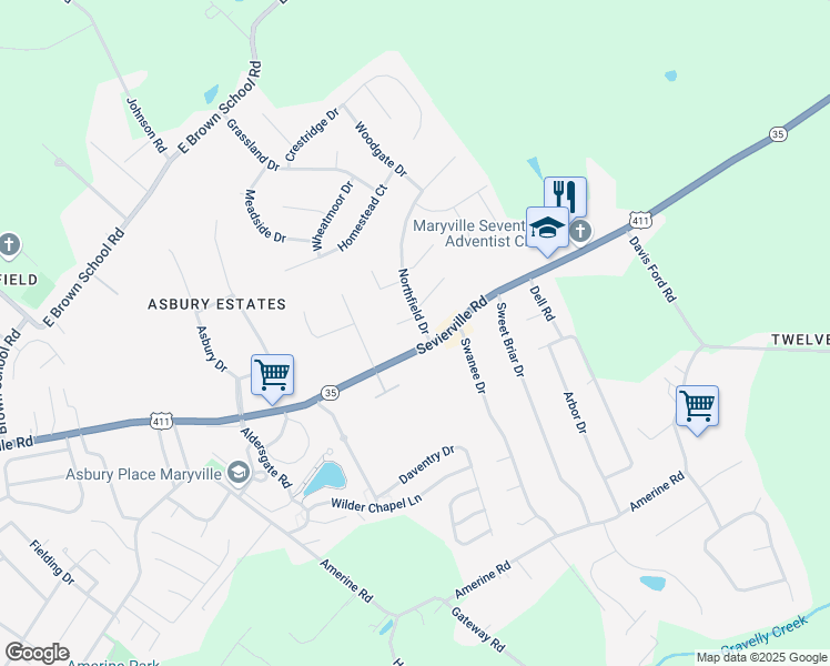 map of restaurants, bars, coffee shops, grocery stores, and more near 2745 Sevierville Road in Maryville