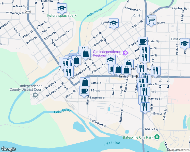 map of restaurants, bars, coffee shops, grocery stores, and more near 410 Harrison Street in Batesville