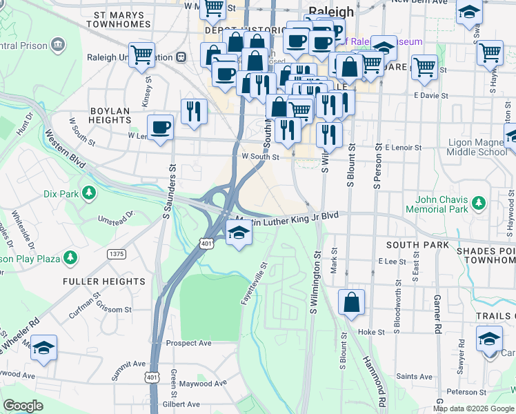 map of restaurants, bars, coffee shops, grocery stores, and more near 900 Fayetteville Street in Raleigh