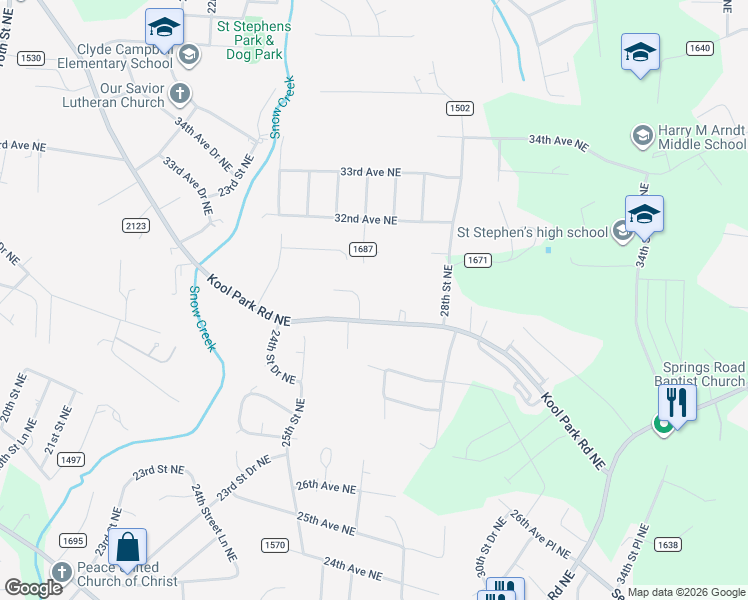 map of restaurants, bars, coffee shops, grocery stores, and more near 2612 31st Avenue Court Northeast in Hickory