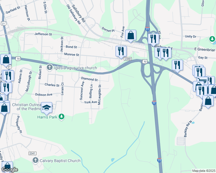 map of restaurants, bars, coffee shops, grocery stores, and more near 1043 Sowers Street in Statesville
