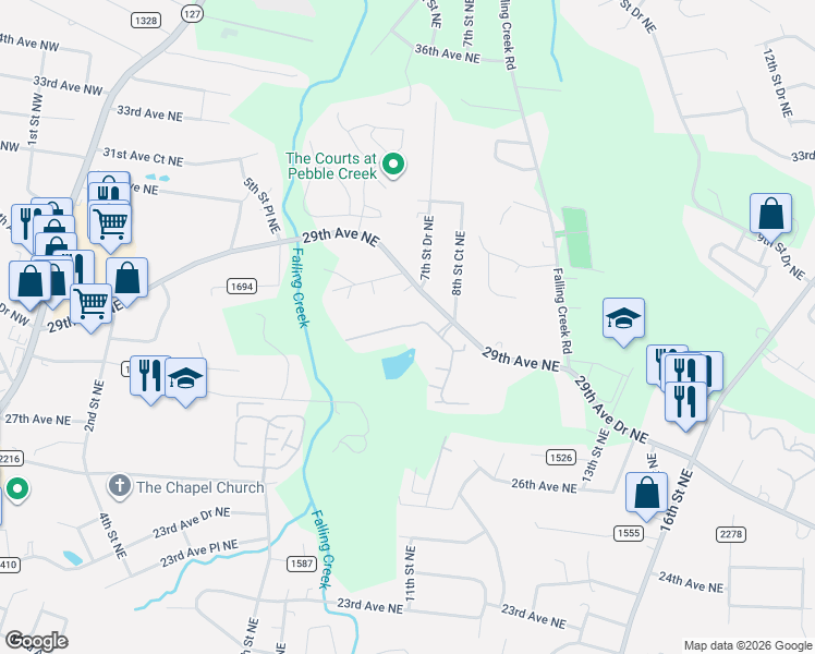 map of restaurants, bars, coffee shops, grocery stores, and more near Wynnshire Drive in Hickory