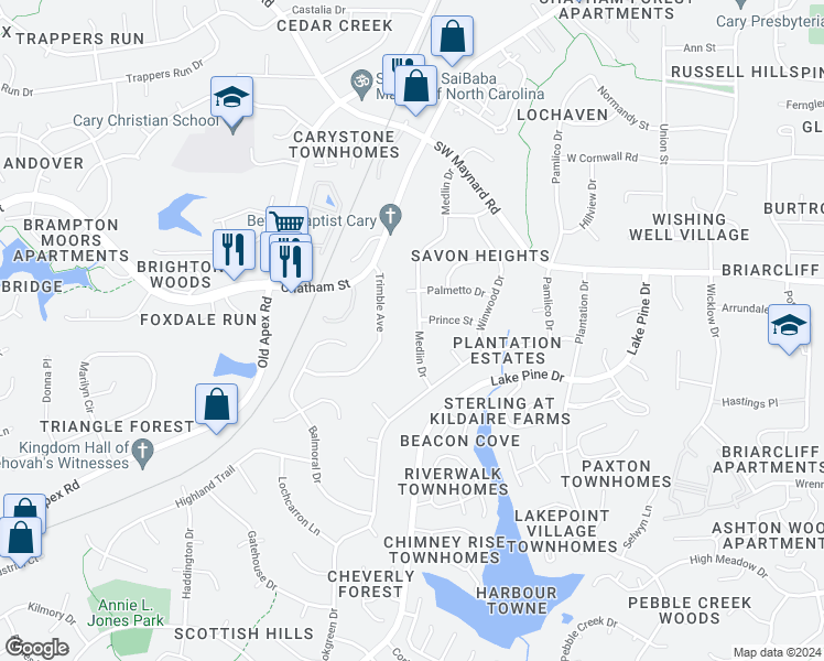 map of restaurants, bars, coffee shops, grocery stores, and more near 1102 Medlin Drive in Cary