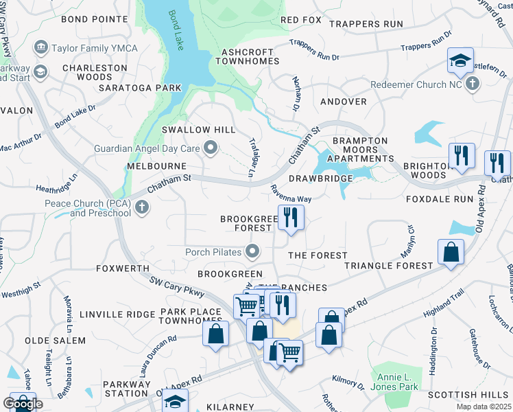 map of restaurants, bars, coffee shops, grocery stores, and more near 105 Uxbridge Court in Cary