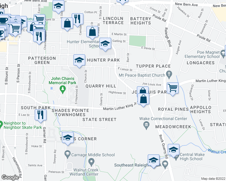 map of restaurants, bars, coffee shops, grocery stores, and more near 1017 Hightower Street in Raleigh