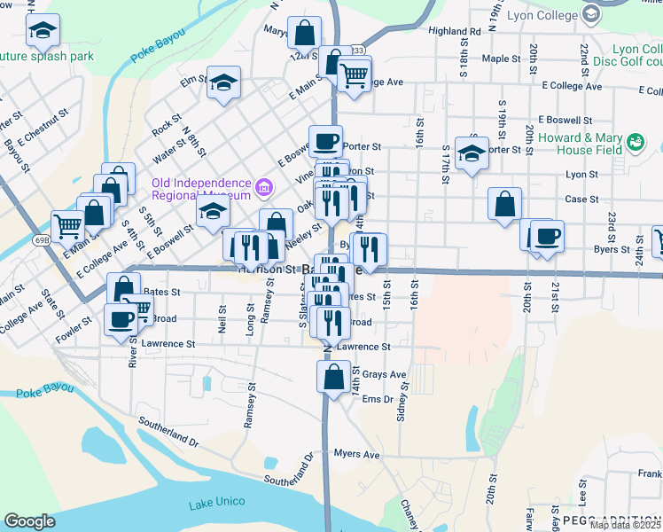 map of restaurants, bars, coffee shops, grocery stores, and more near 1325 Harrison Street in Batesville