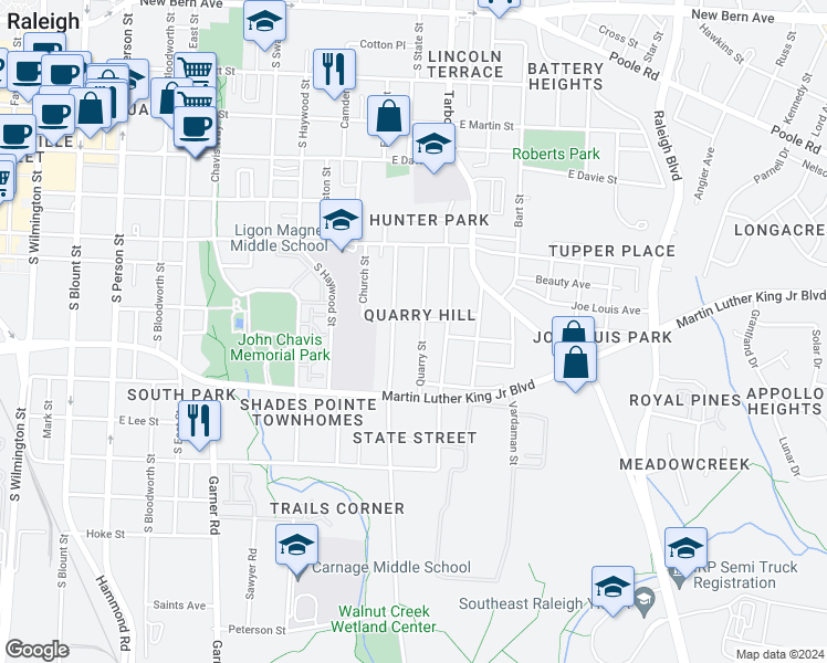 map of restaurants, bars, coffee shops, grocery stores, and more near 628 Quarry Street in Raleigh