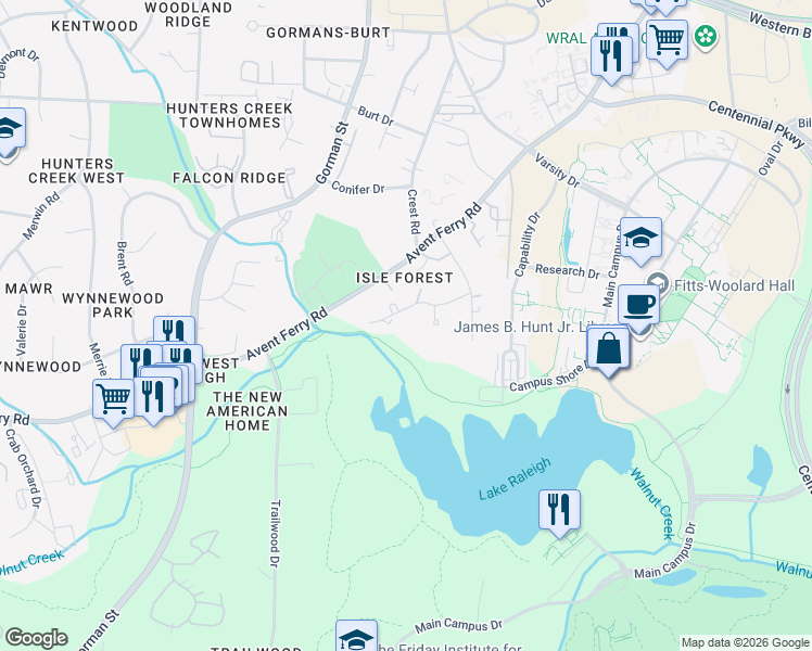 map of restaurants, bars, coffee shops, grocery stores, and more near 2714 Broadwell Drive in Raleigh