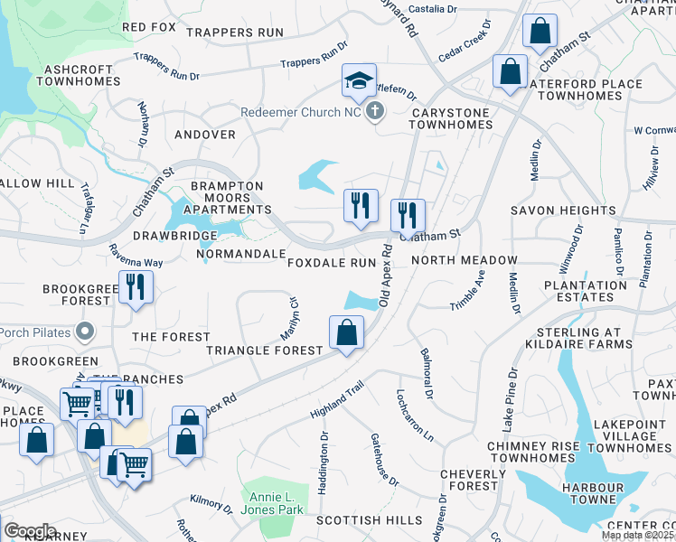 map of restaurants, bars, coffee shops, grocery stores, and more near 100 Hunting Chase in Cary