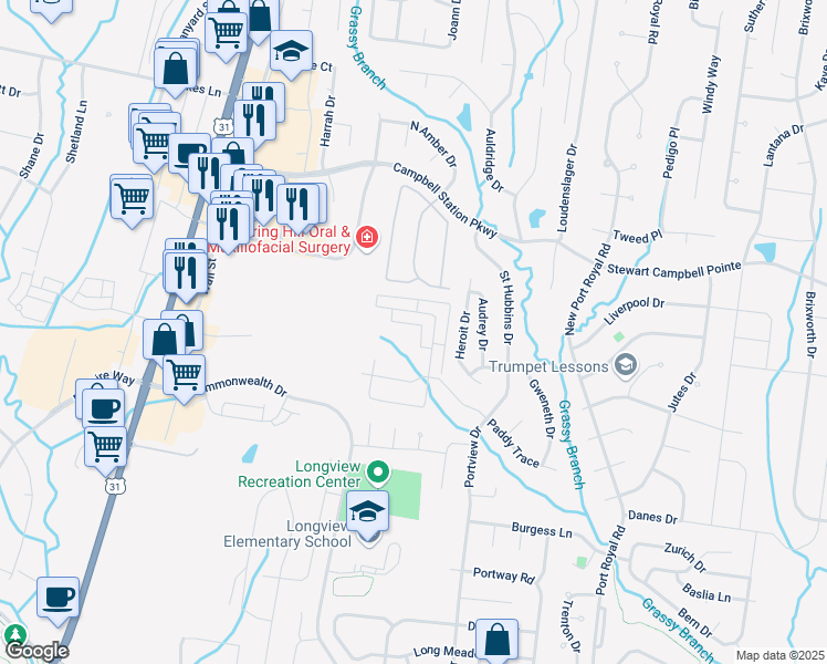 map of restaurants, bars, coffee shops, grocery stores, and more near 2093 Hemlock Drive in Spring Hill