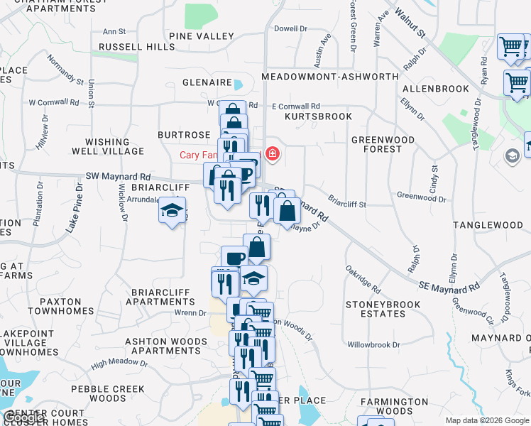 map of restaurants, bars, coffee shops, grocery stores, and more near in Cary