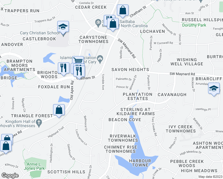 map of restaurants, bars, coffee shops, grocery stores, and more near 1102 Medlin Drive in Cary