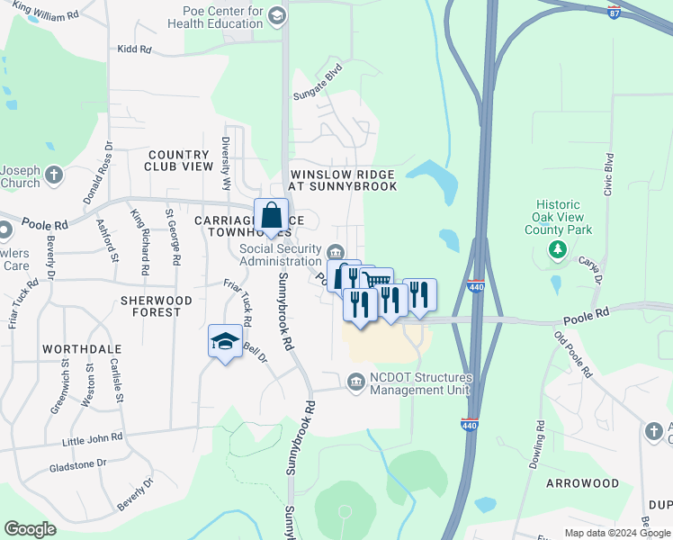 map of restaurants, bars, coffee shops, grocery stores, and more near 3315 Poole Road in Raleigh