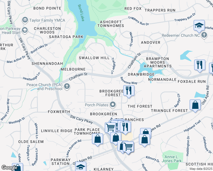 map of restaurants, bars, coffee shops, grocery stores, and more near 113 Old Rockhampton Lane in Cary