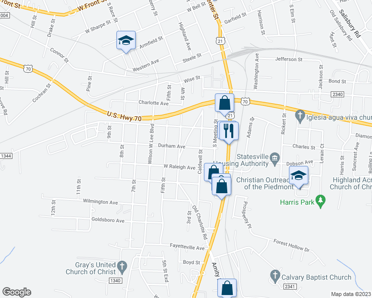 map of restaurants, bars, coffee shops, grocery stores, and more near 1105 Old Charlotte Road in Statesville