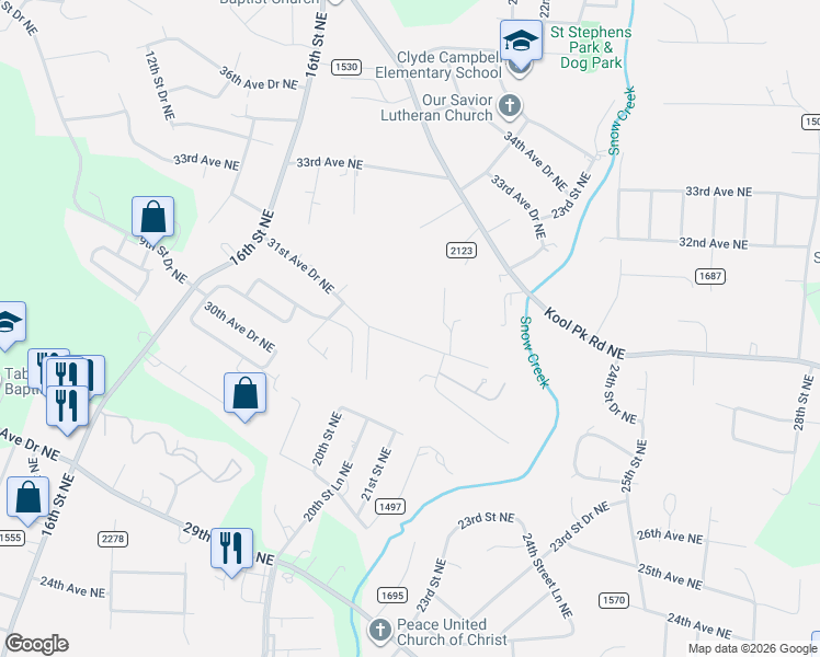 map of restaurants, bars, coffee shops, grocery stores, and more near 2059 31st Avenue Drive Northeast in Hickory