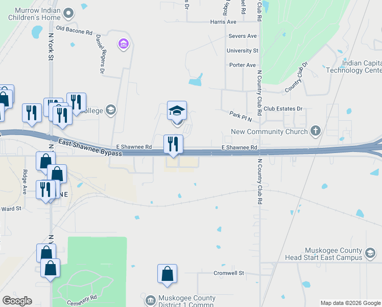 map of restaurants, bars, coffee shops, grocery stores, and more near 918 East Shawnee Road in Muskogee