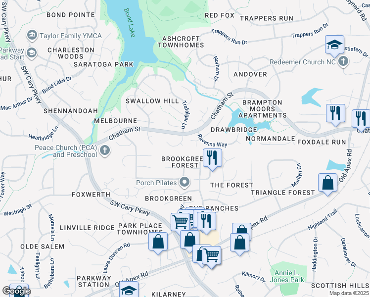 map of restaurants, bars, coffee shops, grocery stores, and more near 105 Uxbridge Court in Cary