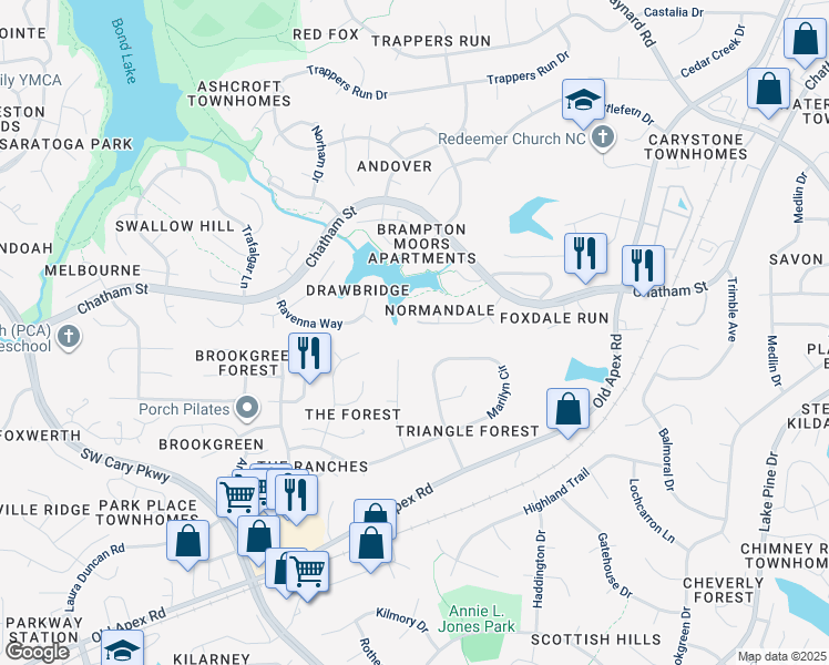 map of restaurants, bars, coffee shops, grocery stores, and more near 121 Normandale Drive in Cary