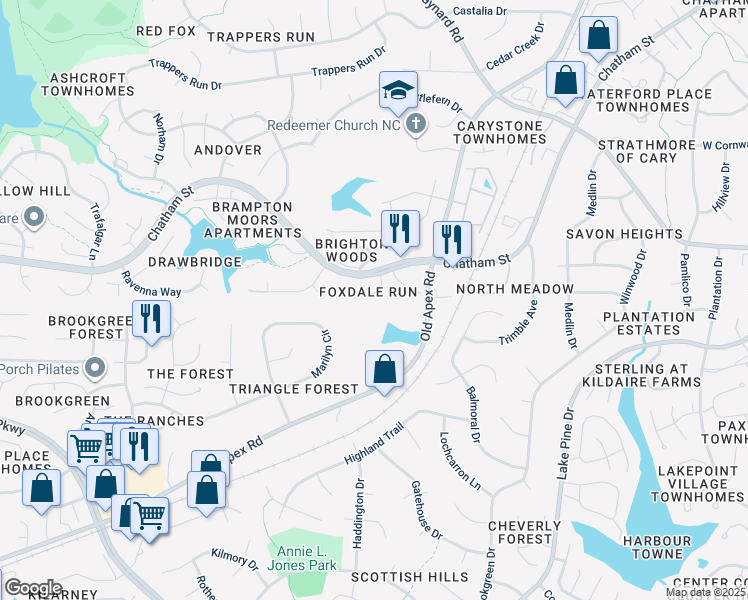 map of restaurants, bars, coffee shops, grocery stores, and more near 103 Hunting Chase in Cary